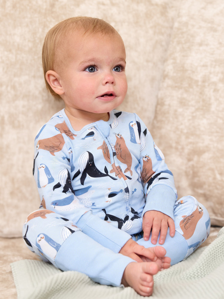 Bamboo Baby Boy/Girl Animal Printed 2-Way Zip Onesies Anti Slip Long-sleeve Footie with Hairband Royal Blue