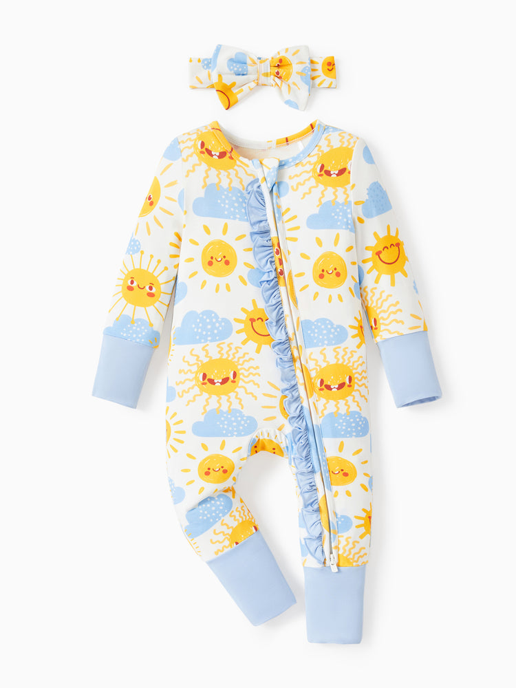 Pijama de bambú para bebé niño/niña con estampado de animales, cremallera bidireccional, antideslizante, de manga larga y con banda para el pelo, color azul claro