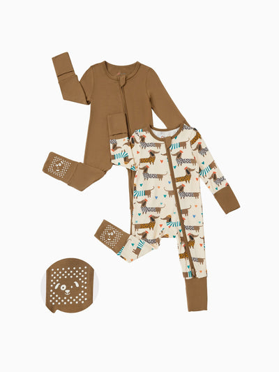 Bamboo Baby Boy/Girl 2-Pack Solid&Bee Printed 2-Way Zipper Anti Slip Footie Coffee