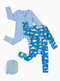 Bamboo Baby Boy/Girl 2-Pack Solid&Bee Printed 2-Way Zipper Anti Slip Footie Blue