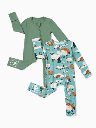 Bamboo Baby Boy/Girl 2-Pack Long Sleeve Romper 2-Way Zip Anti Slip Footie. Green