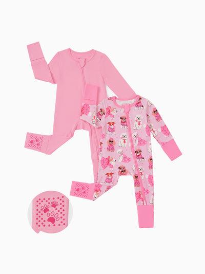 Bamboo Baby Boy/Girl 2-Pack Solid&Bee Printed 2-Way Zipper Anti Slip Footie Pink