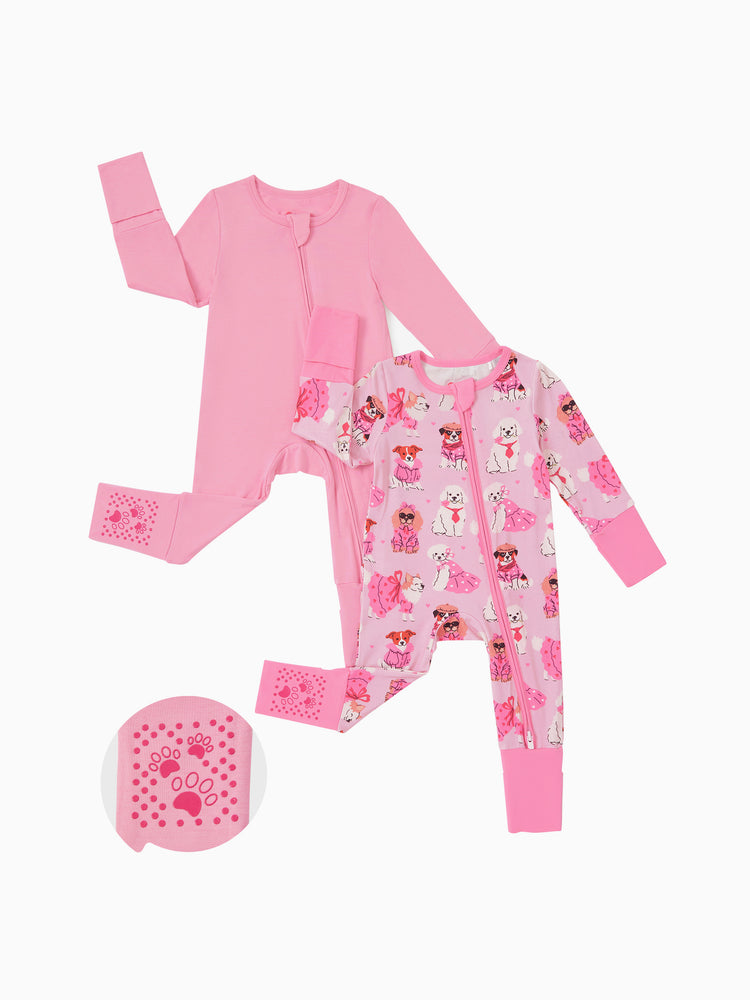 Bamboo Baby Boy/Girl 2-Pack Solid&Bee Printed 2-Way Zipper Anti Slip Footie Pink