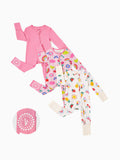 Bamboo Baby Boy / Girl 3-Pack Solid&Rainbow Printed 2-Way Zipper Anti Slip Long-sleeve Footie Pink