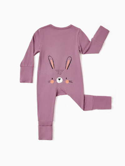Bamboo Baby Boy / Girl Childlike Animal Pattern 2-way Zipper Footie Purple