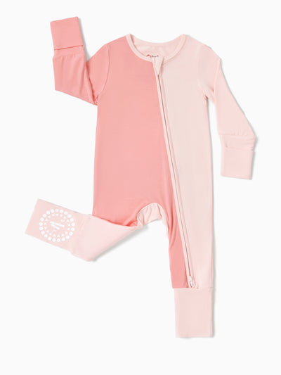 Bamboo Baby Boy / Girl Color Block 2-Way Zipper Anti Slip Long Sleeve Rompers Pink
