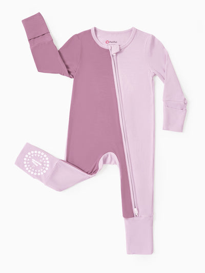 Combinaison à manches longues antidérapante à blocs de couleur, fermeture éclair double sens, couleur bambou, pour bébé garçon/fille, violet