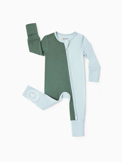 Bamboo Baby Boy / Girl Color Block 2-Way Zipper Anti Slip Long Sleeve Rompers Green