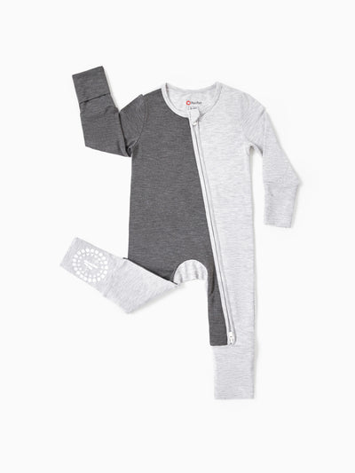 Bamboo Baby Boy / Girl Color Block 2-Way Zipper Anti Slip Long Sleeve Rompers Grey