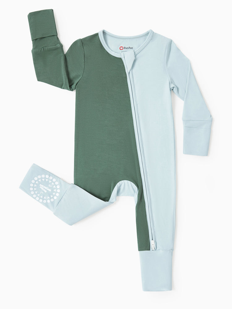 Bamboo Baby Boy / Girl Color Block 2-Way Zipper Anti Slip Long Sleeve Rompers Green