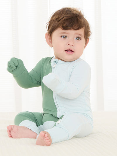 Combinaison bébé garçon/fille en bambou, color block, fermeture éclair double sens, manches longues, antidérapante, verte