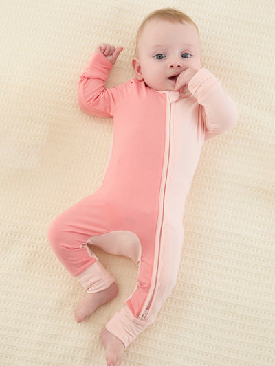 Combinaison rose à manches longues, bicolore, fermeture éclair double sens, antidérapante, pour bébé garçon/fille en bambou.