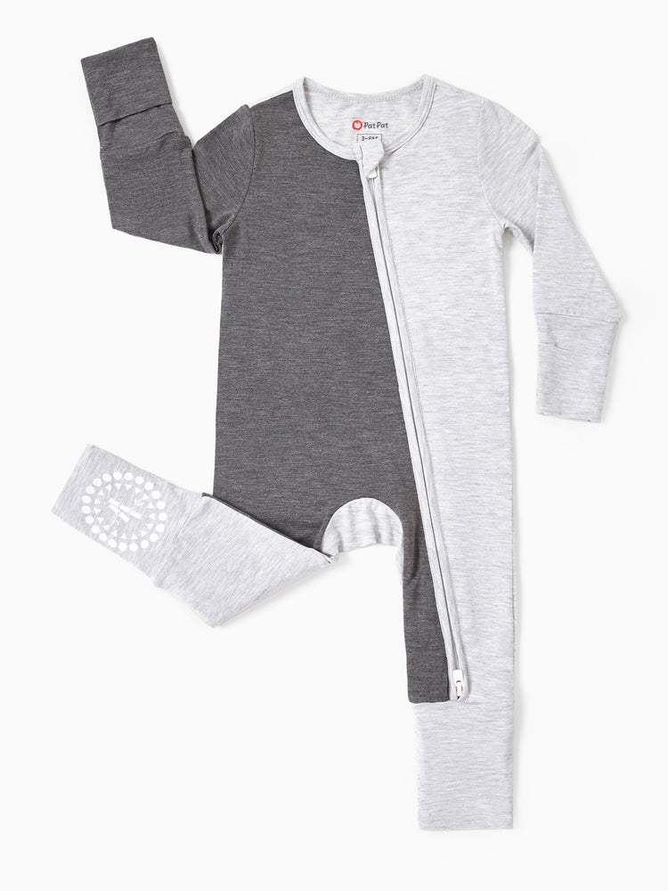 Bamboo Baby Boy / Girl Color Block 2-Way Zipper Anti Slip Long Sleeve Rompers Grey