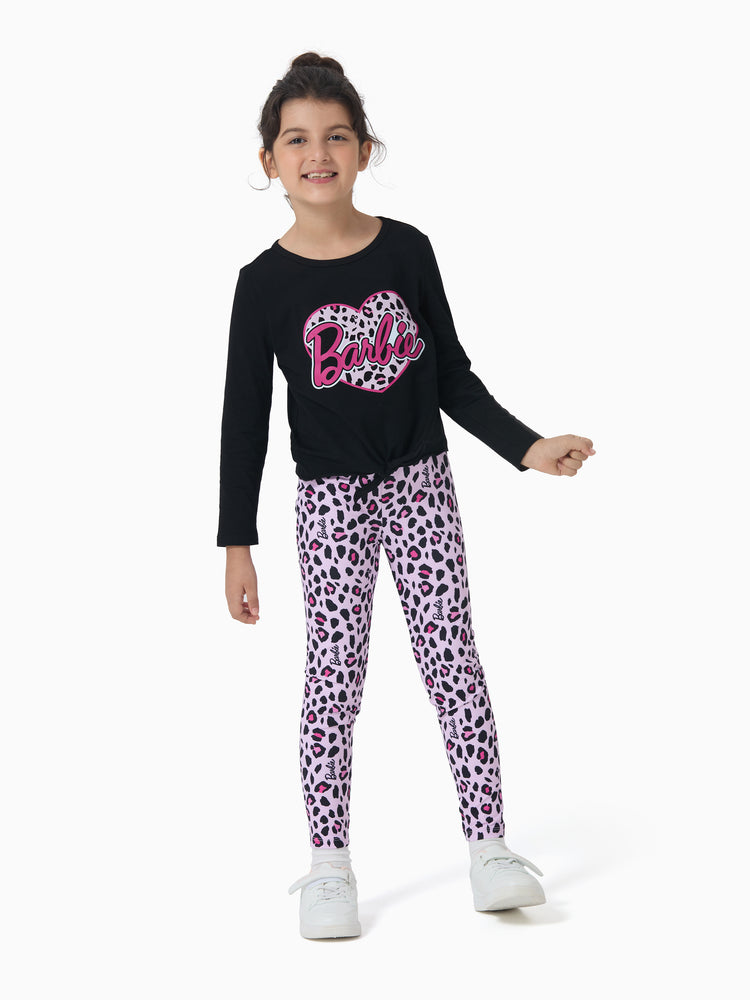 Barbie Toddler/Kids Girl 2pcs Chic Hem Cotton Long-sleeve Top and Leopard Pants Set Black