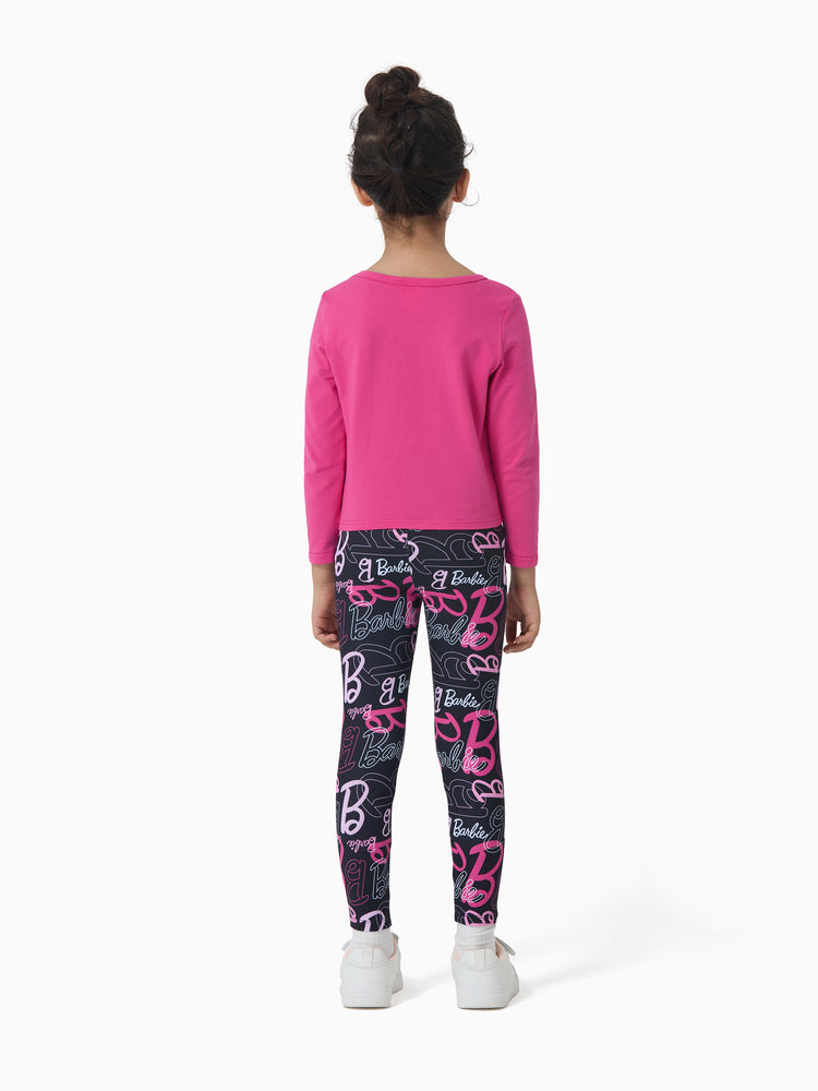 Barbie Kleinkind/Kinder Mädchen 2pcs Chic Saum Baumwolle Langarm-Top und Leopardenhose Set Fuchsie