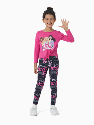 Ensemble 2 pièces Barbie pour petite fille : haut à manches longues et pantalon léopard en coton à ourlet chic, rose vif
