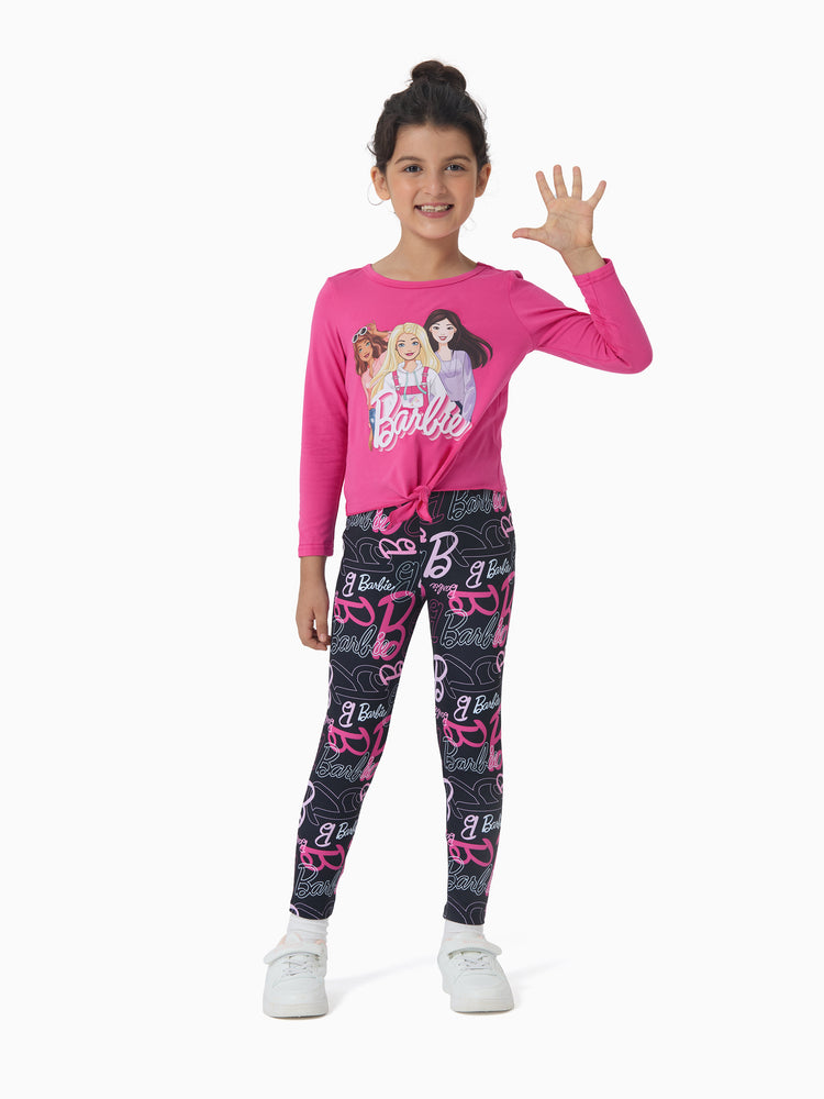 Barbie Kleinkind/Kinder Mädchen 2pcs Chic Saum Baumwolle Langarm-Top und Leopardenhose Set Fuchsie