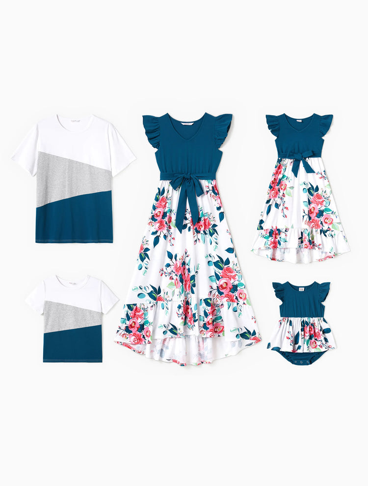 Daddy & Daughter Solid V Neck Flutter-sleeve Splicing Floral Print Dresses and Short-sleeve Colorblock T-shirts Sets Azure-