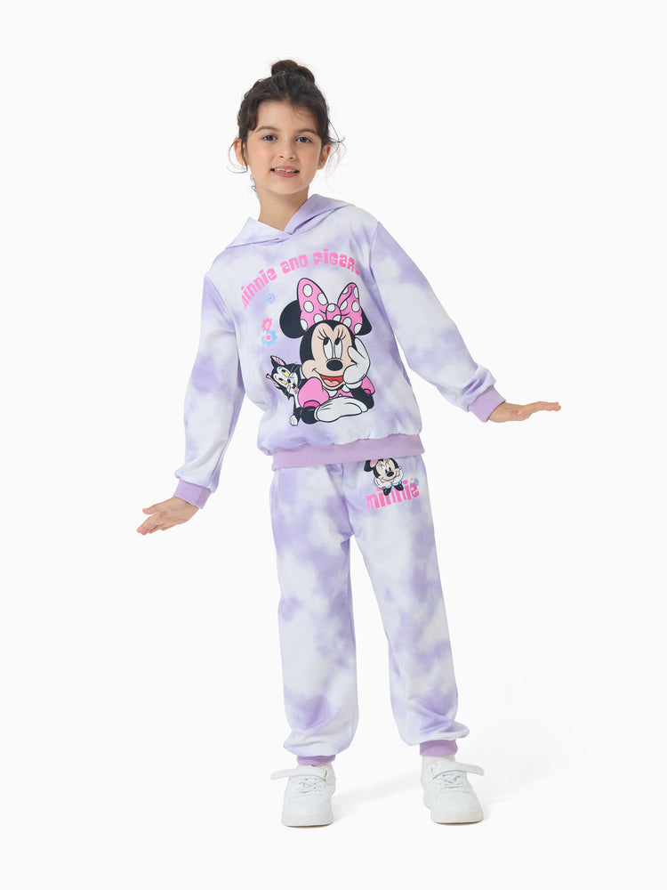 Disney Mickey and Friends Toddler/Kid Girl Minnie Mouse Tie dye Hoodie Sweatshirt and Sweatpants Set Purple