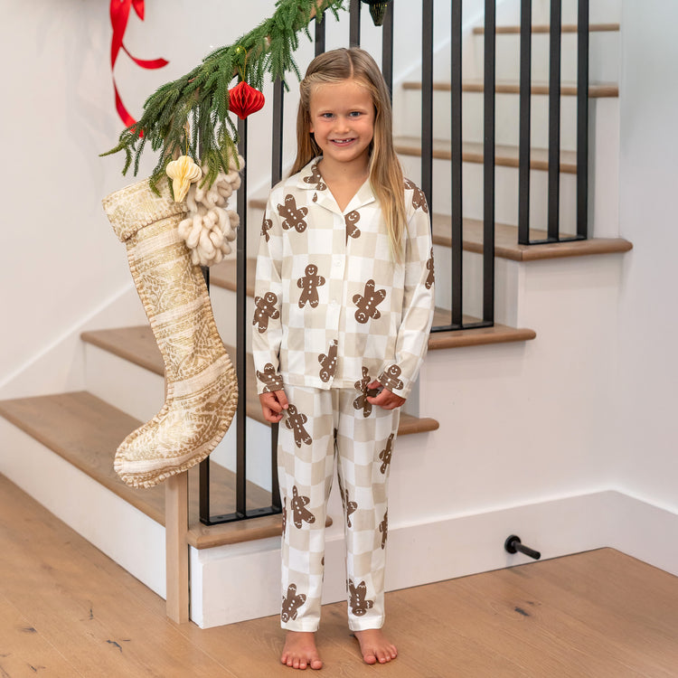 Ensemble pyjama de Noël assorti pour toute la famille, pyjama à carreaux, imprimé pain d'épices, avec chaussettes de Noël, kaki