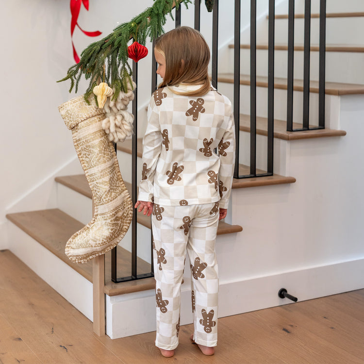 Ensemble pyjama de Noël assorti pour toute la famille, pyjama à carreaux, imprimé pain d'épices, avec chaussettes de Noël, kaki