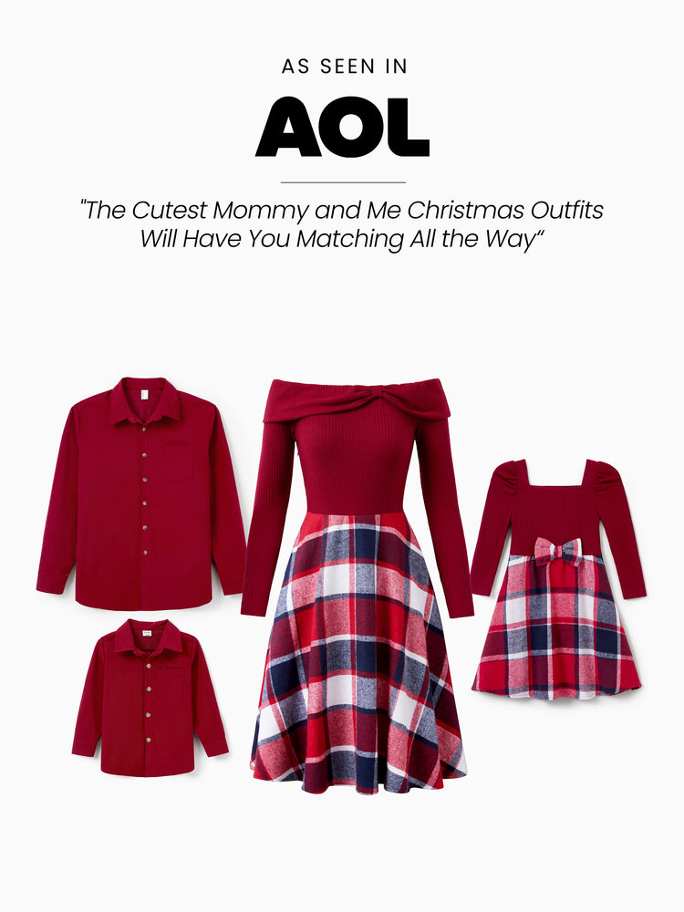 Ensemble de tenues familiales assorties : chemise à manches longues et robe en tricot à carreaux à manches longues et épaules dénudées, bordeaux
