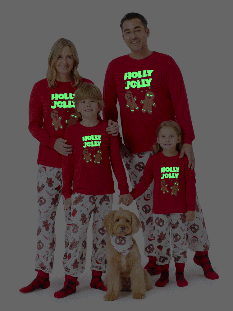 Weihnachtliche Familien-Pyjama-Set mit Lebkuchenmann und Weihnachtsmann, inklusive Weihnachts-Socken, Rot