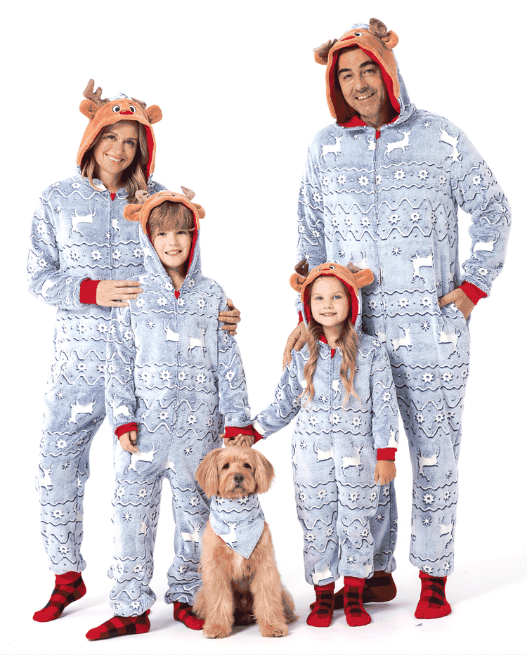 Christmas Onesies Matching Family Pajamas Set Reindeer Print Glow In The Dark PJS with Christmas Socks White/Gray