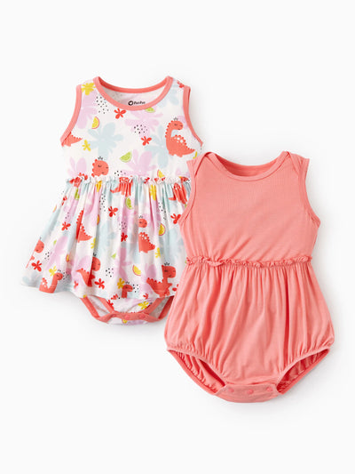 Bamboo Baby Girl Solid Color and Cartoon Animal Pattern 2-Piece Sleeveless Dress With Bodysuit Set incarnadinepink