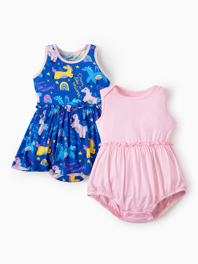 Bamboo Baby Girl Solid Color and Cartoon Animal Pattern 2-Piece Sleeveless Dress With Bodysuit Set Pink