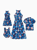 Mommy & me Vacation Set Tropical Floral Print Shirt or Halter Dresses for Dad, Mom, Kids & Baby, Perfect for Summer Holidays & Family Photos Deep Blue