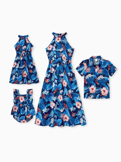 Mommy & me Vacation Set Tropical Floral Print Shirt or Halter Dresses for Dad, Mom, Kids & Baby, Perfect for Summer Holidays & Family Photos Deep Blue