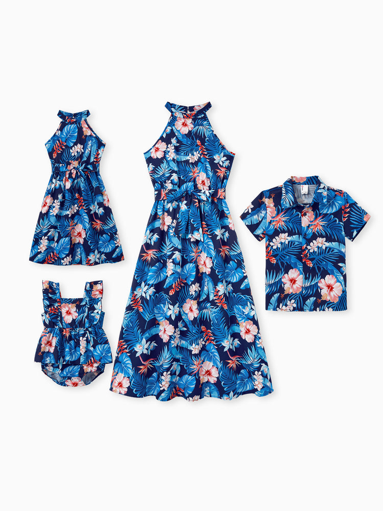 Mommy & me Vacation Set Tropical Floral Print Shirt or Halter Dresses for Dad, Mom, Kids & Baby, Perfect for Summer Holidays & Family Photos Deep Blue