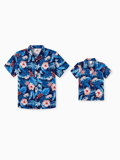Daddy & Son Vacation Set Tropical Floral Print Shirt or Halter Dresses for Dad, Mom, Kids & Baby, Perfect for Summer Holidays & Family Photos Deep Blue
