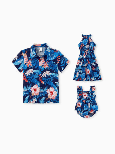 Daddy & Daughter Vacation Set Tropical Floral Print Shirt or Halter Dresses for Dad, Mom, Kids & Baby, Perfect for Summer Holidays & Family Photos Deep Blue