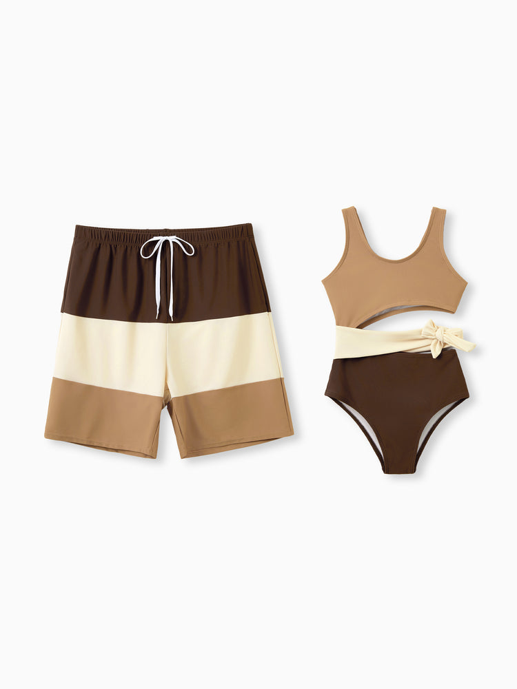Daddy & Daughter Color Block Swimsuits Summer Beach Vacation Swimwear Coffee