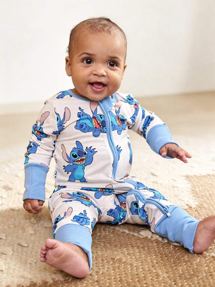 Disney Stitch Bamboo Baby Boy/Girl 2-Way Zip Onesies Anti Slip Long-sleeve Footie Blue