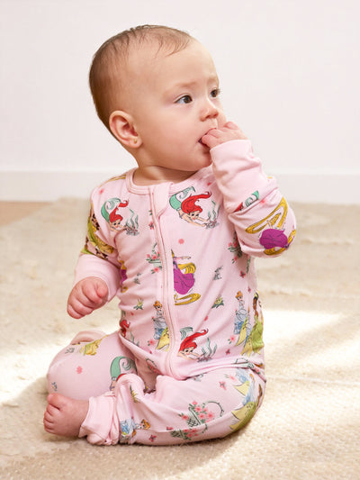 Disney Princess Bamboo Baby Girl Ariel/Belle/Tiana 2-Way Zip Onesies Anti Slip Long-sleeve Footie Pink