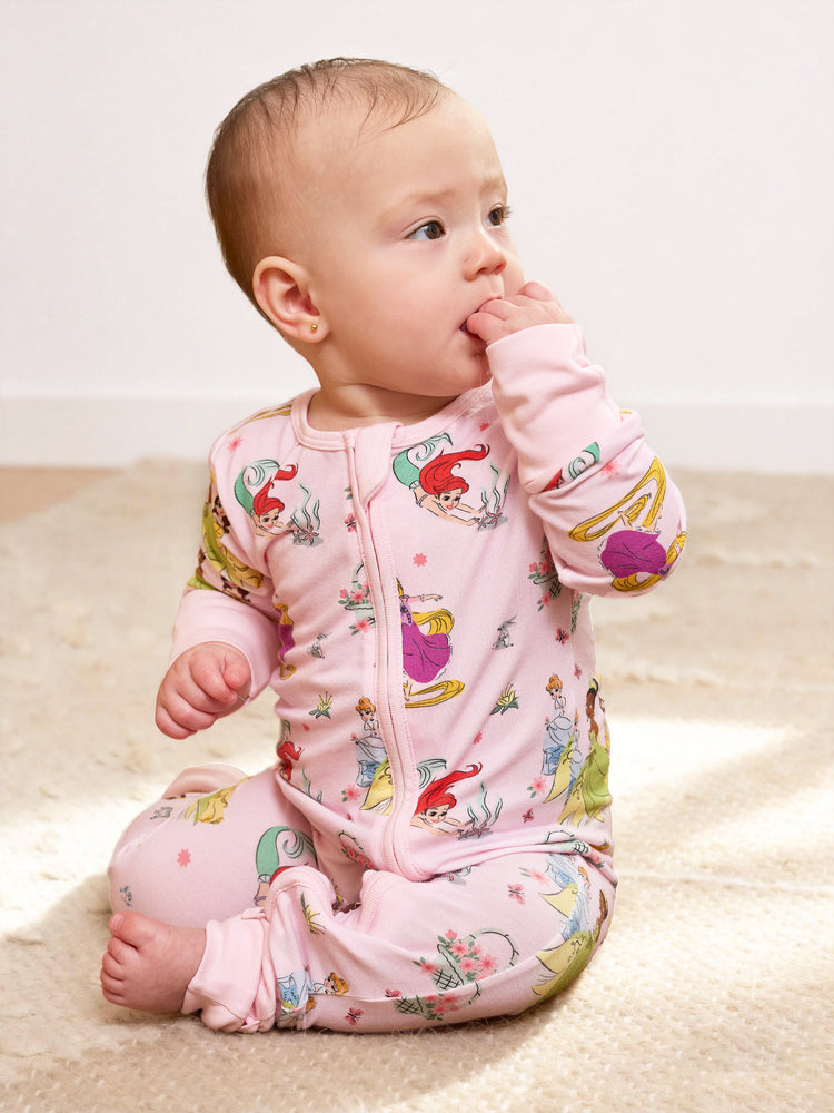 Disney Princess Bamboo Baby Girl Ariel/Belle/Tiana 2-Way Zip Onesies Anti Slip Long-sleeve Footie Pink