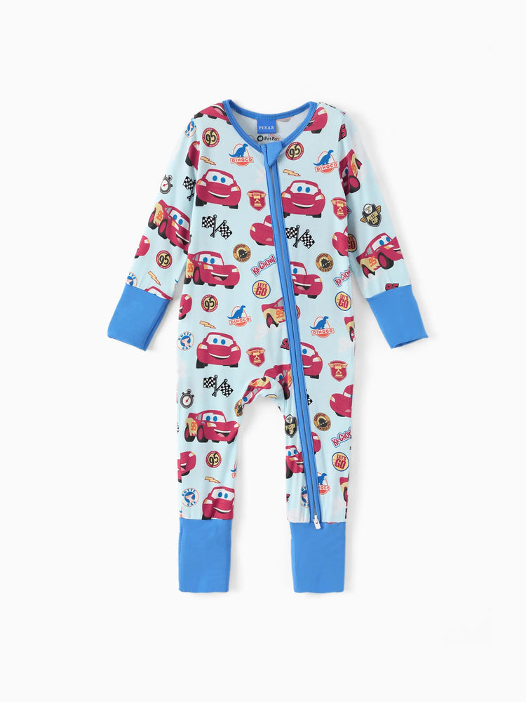 Cars Bamboo Baby Boy Lightning McQueen 2-Way Zip Onesies Anti Slip Long-sleeve Footie Blue