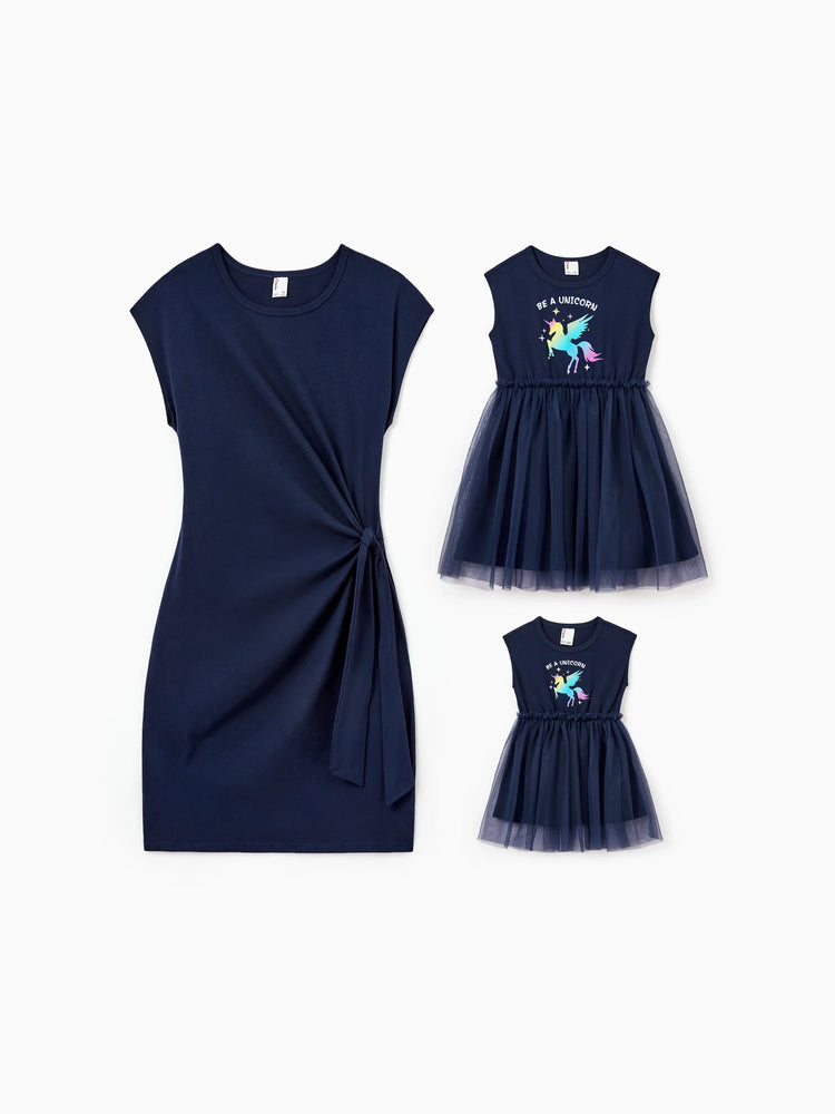 Matching Cotton Dresses for Mommy & Me Unicorn Print with Tulle Skirt for Girls, Knotted Dress for Mom, Perfect for Family Outings & Photos Deep Blue