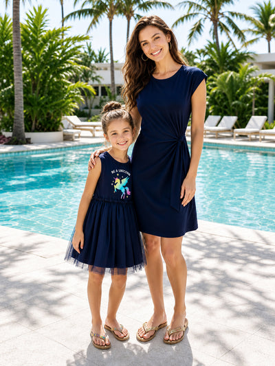 Matching Cotton Dresses for Mommy & Me Unicorn Print with Tulle Skirt for Girls, Knotted Dress for Mom, Perfect for Family Outings & Photos Deep Blue