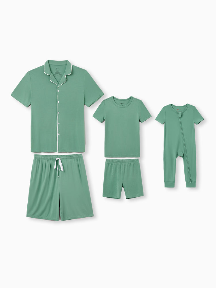Daddy & Sohn Bambus-Pyjamas Buttrig weiche Bambusviskose-PJs für Männer Frauen Kinder Kleinkind Baby, Einfarbiges Kurzarm-Hemd & Shorts Schlafanzug Grün