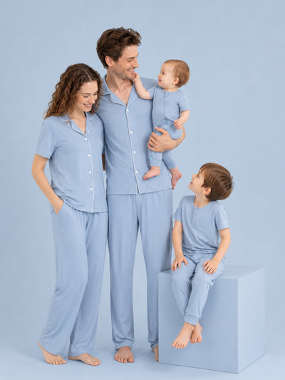 Family Matching Bamboo Pajamas Soft Bamboo Viscose PJs for Men Women Kids Toddler Baby, Classic Blue Short-sleeve Sleepwear with Button-Down Shirt and Pants Blue grey