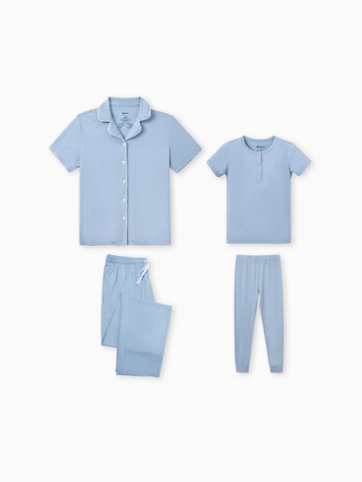 Daddy & Son Bamboo Pajamas Soft Bamboo Viscose PJs for Men Women Kids Toddler Baby, Classic Blue Short-sleeve Sleepwear with Button-Down Shirt and Pants Blue grey