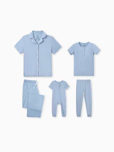 Mommy & me Bamboo Pajamas Soft Bamboo Viscose PJs for Men Women Kids Toddler Baby, Classic Blue Short-sleeve Sleepwear with Button-Down Shirt and Pants Blue grey