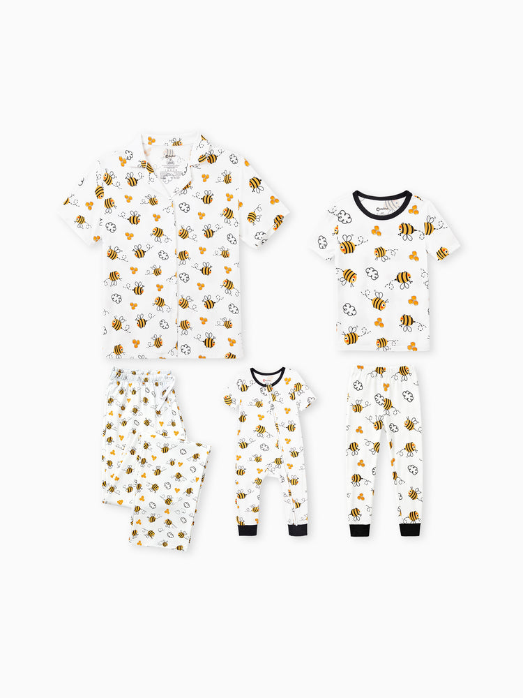 Mommy & me Bamboo Pajamas Soft Bamboo Viscose PJs for Men Women Kids Toddler, Cute Bee Print Sleepwear with Short Sleeve Top and Long Pants White