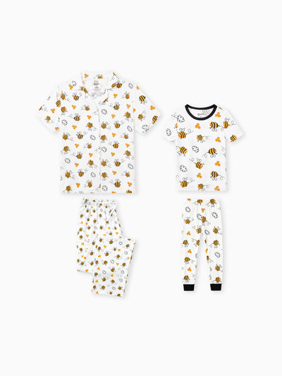 Daddy & Son Bamboo Pajamas Soft Bamboo Viscose PJs for Men Women Kids Toddler, Cute Bee Print Sleepwear with Short Sleeve Top and Long Pants White