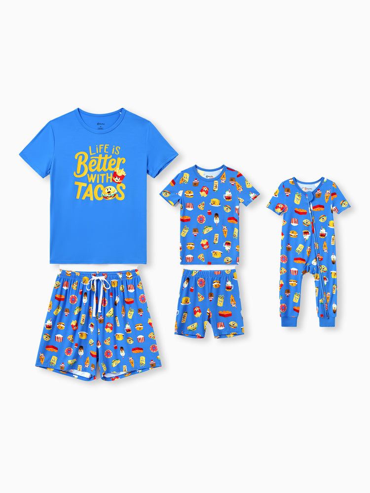Mommy & me Bamboo Pajamas Buttery Soft Bamboo PJs for Men Women Kids Toddler, Cute Burger & Fries Print Short Sleeve Sleepwear (Snug-Fitting for Children) Royal Blue