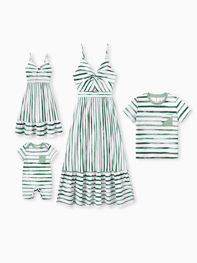 Mama & ich Baumwoll-Outfit-Set Grün gestreiftes T-Shirt und Kleid Set für Papa, Mama, Kinder & Baby, Perfekt für sommerliche Familienausflüge & Fotos Grün